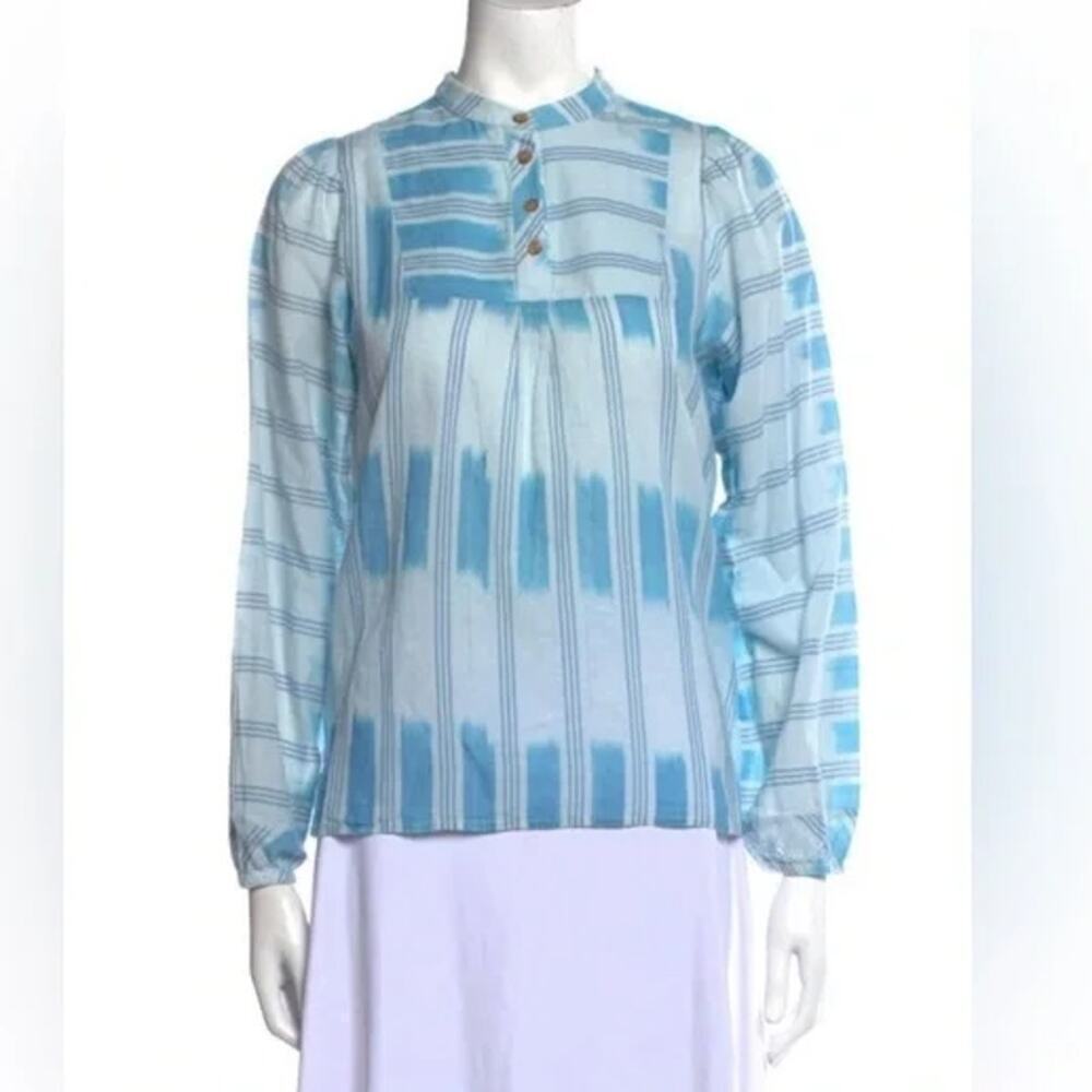 Warm Blue Printed Long Sleeve Partial Button Lightweight Blouse Size 1